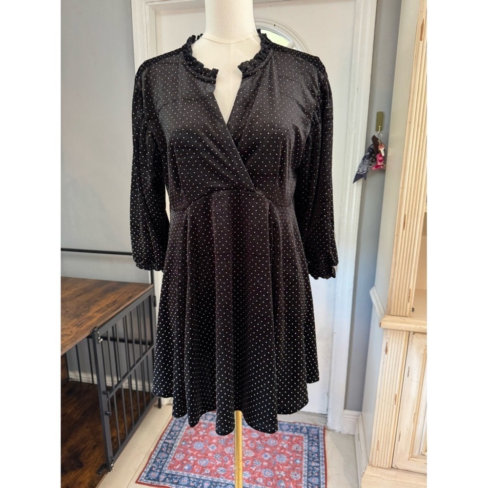 Umgee Black Velvet Polka Dot Mini Dress Ruffle Neck Surplice V-Neck Medium